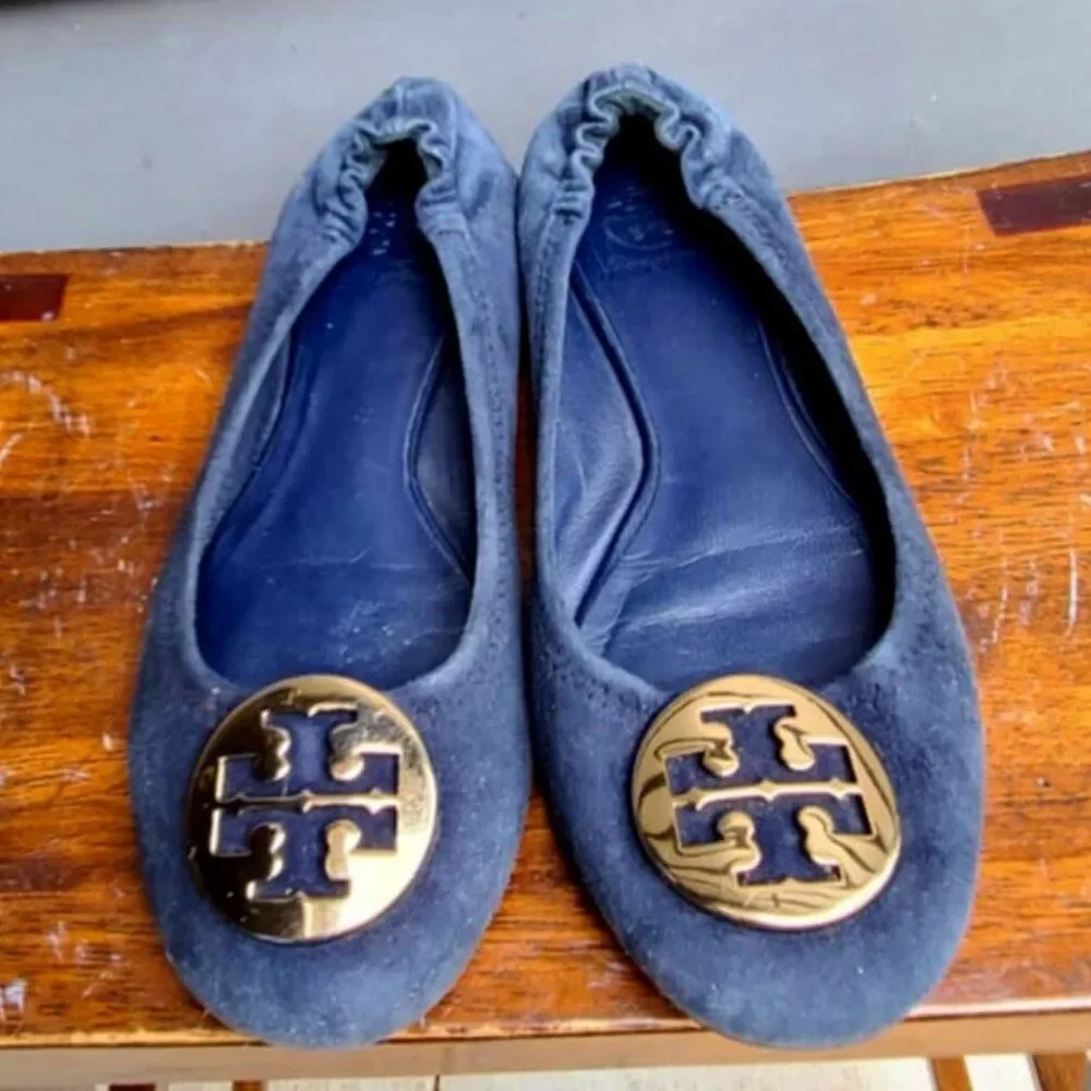 Tory Burch Navy Suede Reva Flats with Logo size 8